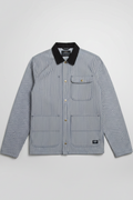Daily Deals Outlet Vans men's blue and white striped denim jacket with a black collar and button-up front.