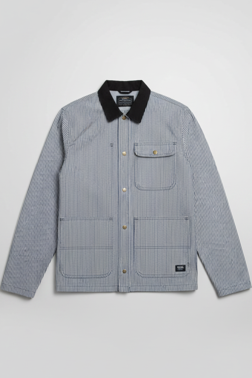 Daily Deals Outlet Vans men's blue and white striped denim jacket with a black collar and button-up front.