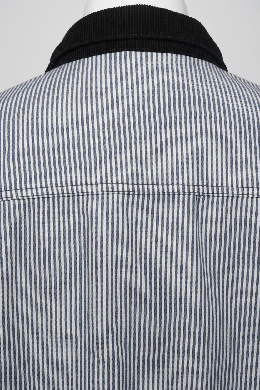 Daily Deals Outlet Vans denim jacket in blue and white stripes with a black collar, back view