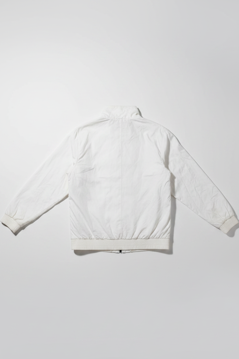 Back view of a white Champion bomber jacket for men in size XXL, made from a cotton and polyamide blend.