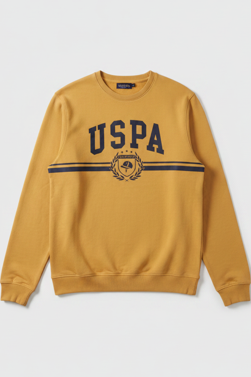 Daily Deals Outlet yellow U.S. Polo Assn. cotton sweatshirt with navy blue logo print and crew neck