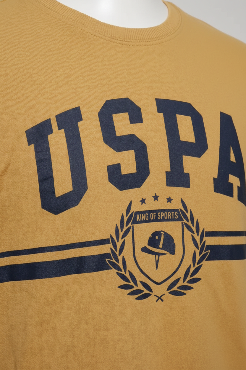 Daily Deals Outlet yellow U.S. Polo Assn. cotton sweatshirt with navy blue graphic logo print on the chest