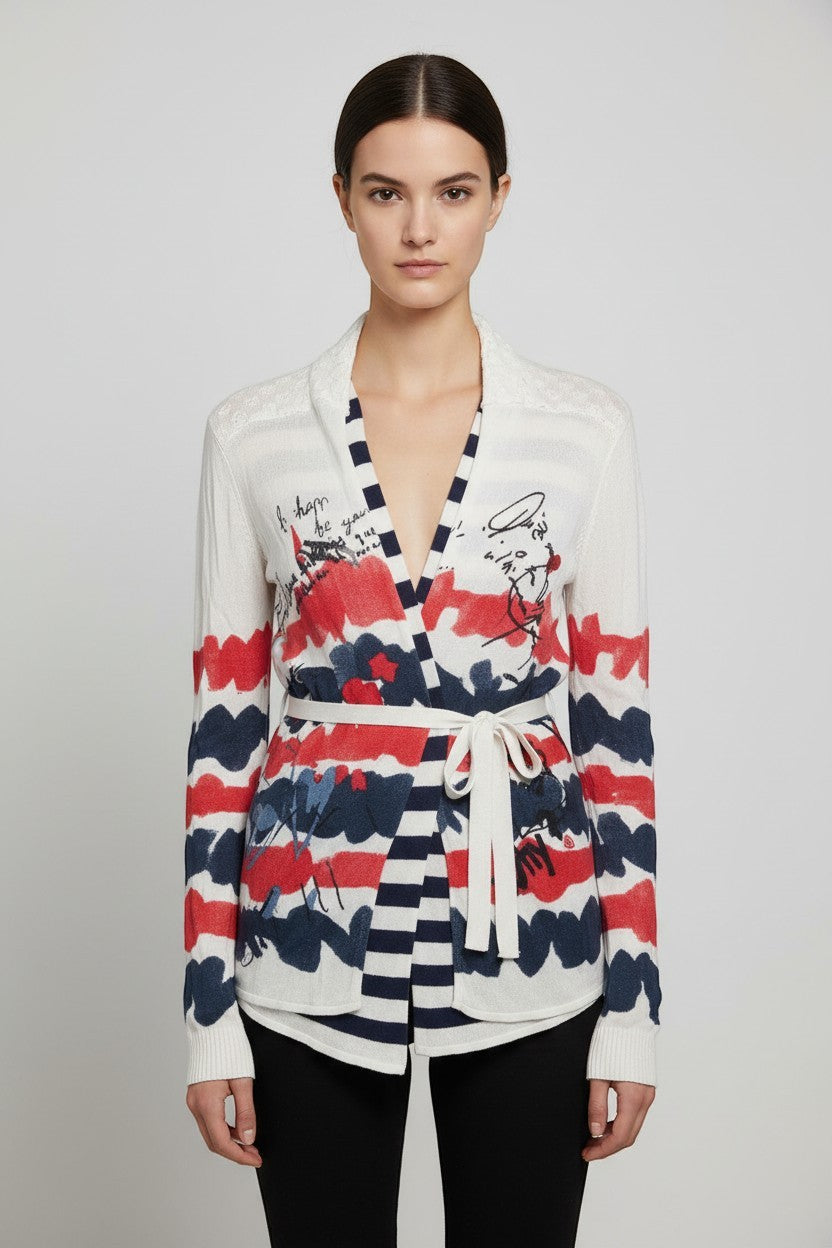 Desigual Damen Strickjacke Weiß Blau Rot Größe L