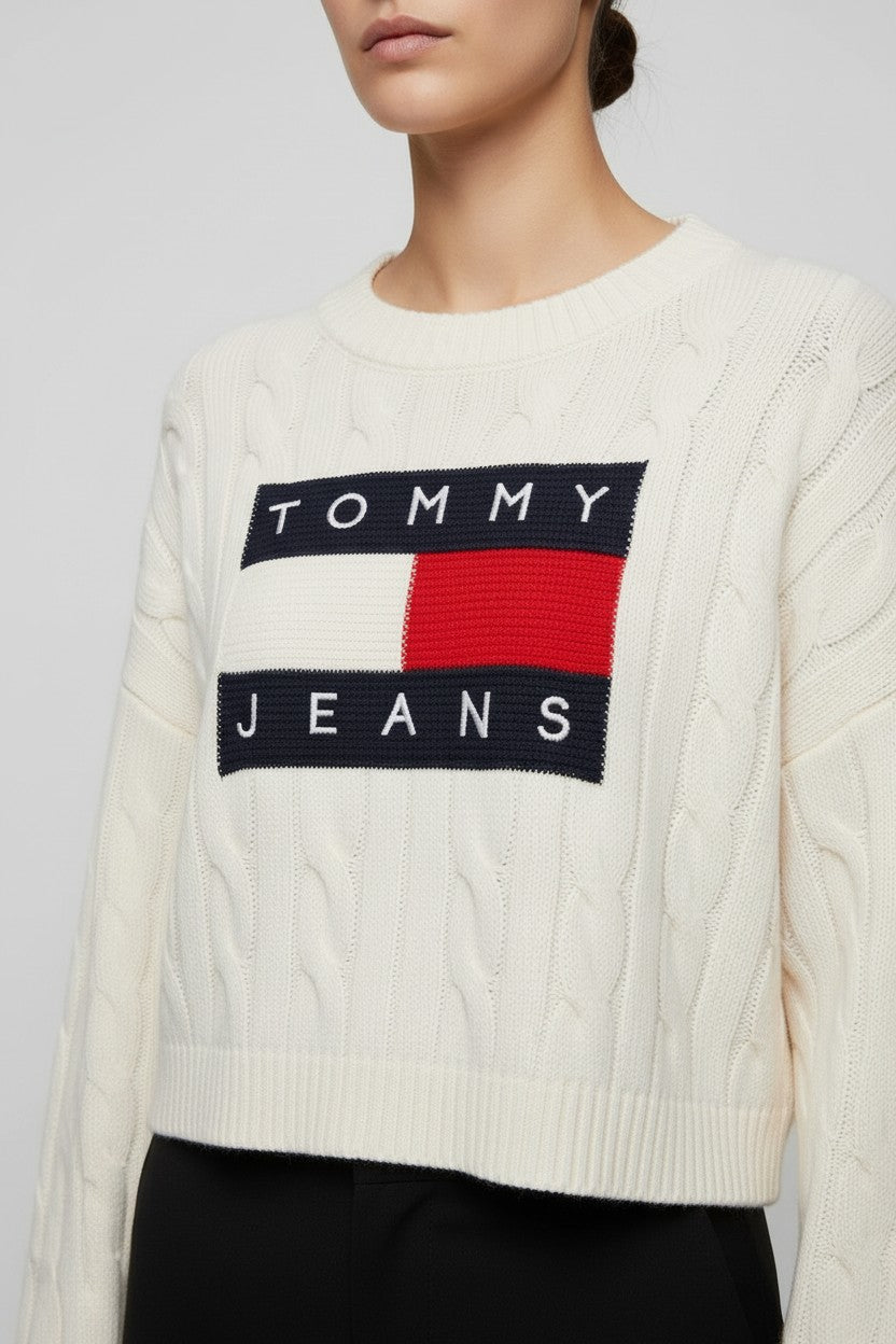 Tommy Hilfiger Jeans Damen Strickpullover Weiß Mehrfarbig Größe M