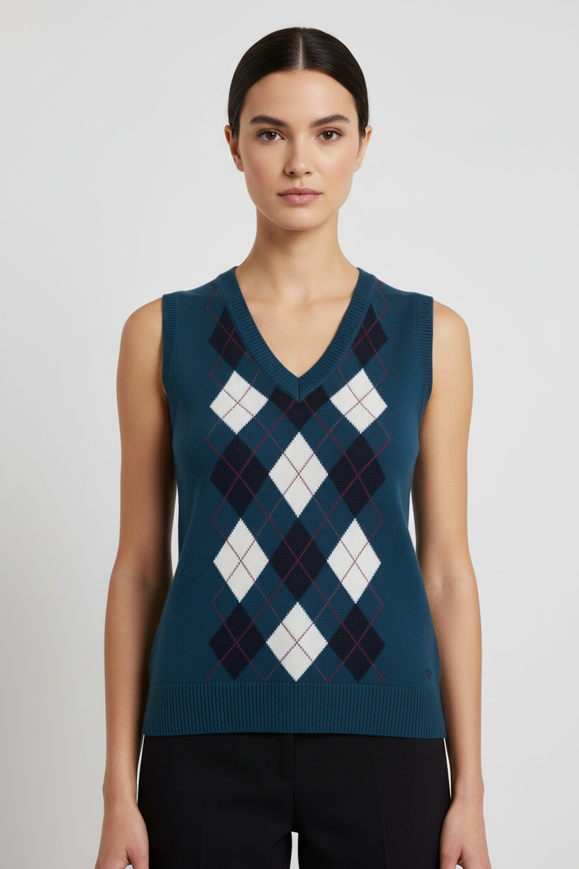 ESPRIT Damen Pullunder Blau Weiß Pink Größe M