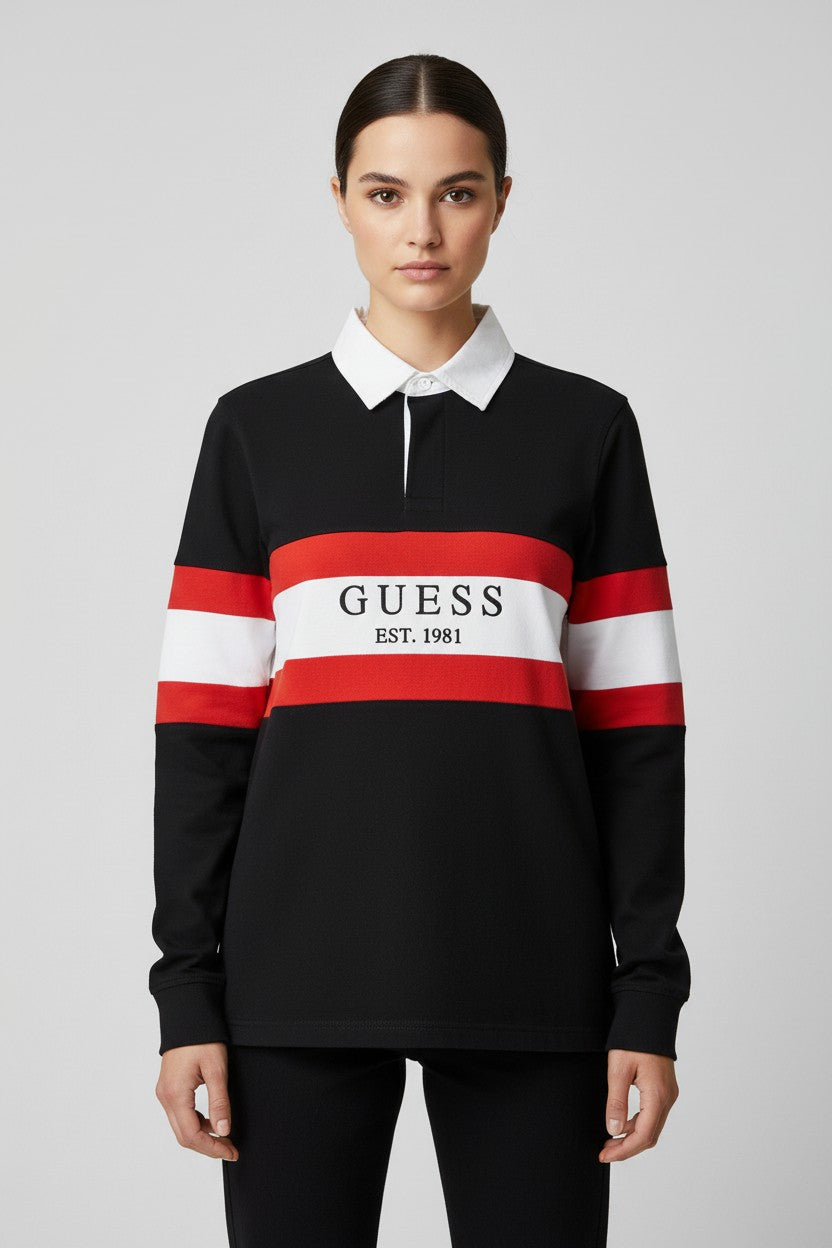 Guess Damen Rugby Shirt Schwarz Weiß Rot Größe L