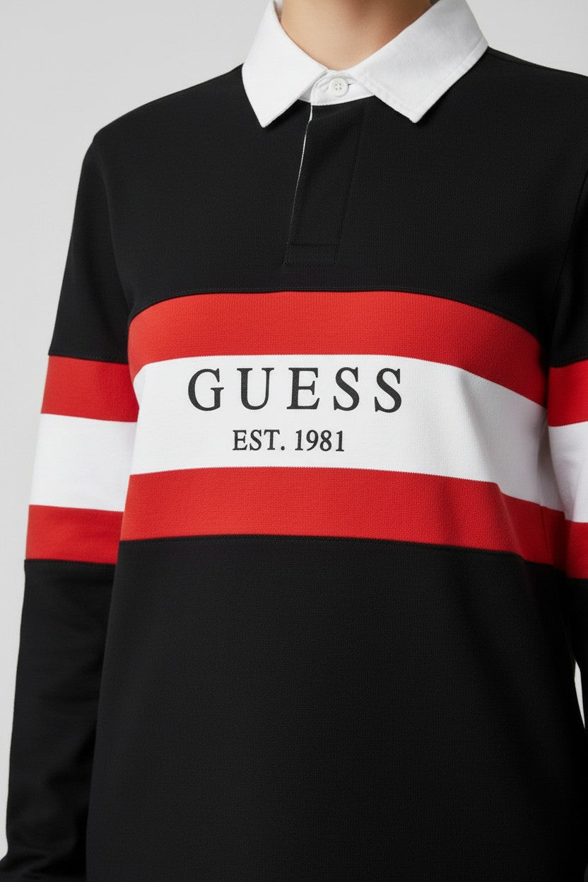 Guess Damen Rugby Shirt Schwarz Weiß Rot Größe L