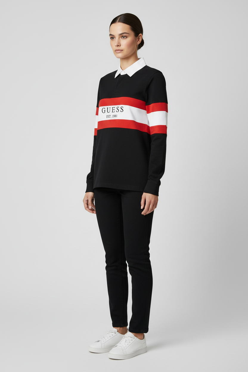 Guess Damen Rugby Shirt Schwarz Weiß Rot Größe L