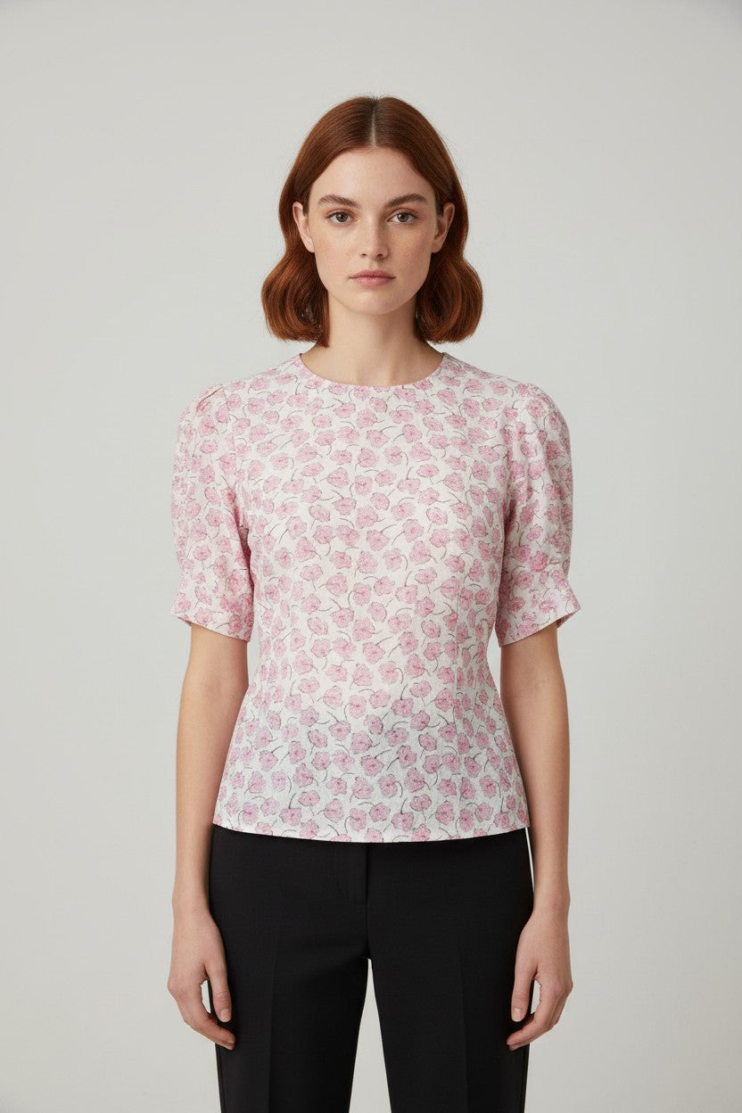 Damen Top Beige Pink Blumen Größe M