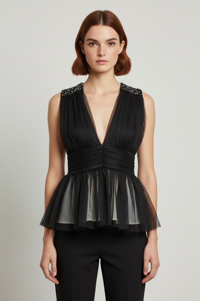 Jeane Blush Damen Top Schwarz Größe L