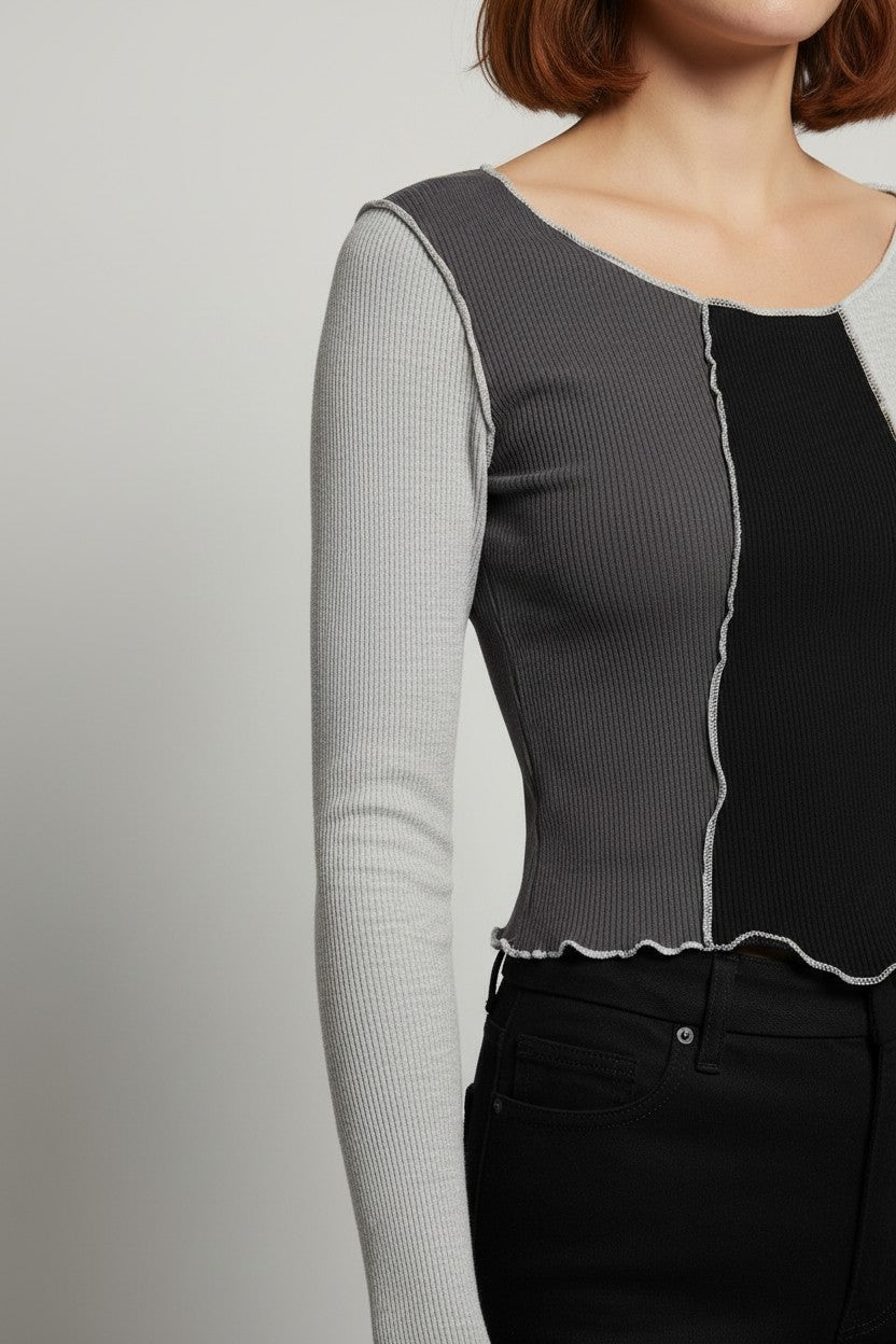 Vogue Sexy Lounge Damen Top Grau Schwarz Größe L