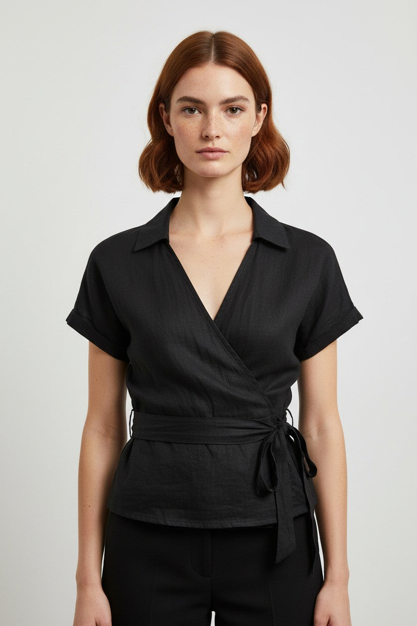 Fashion Elle Damen Wickeltop Schwarz Größe M