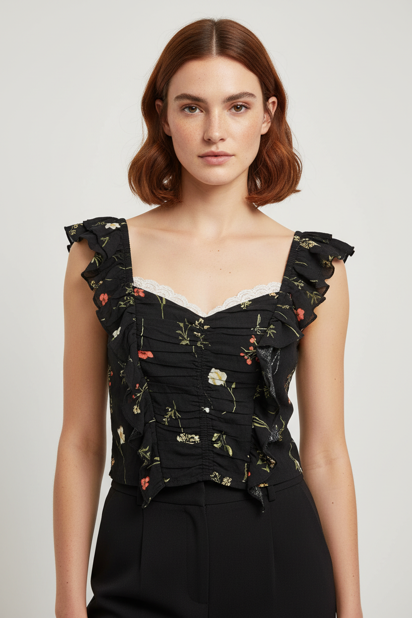 H&M Damen Top Schwarz Mehrfarbig Größe L