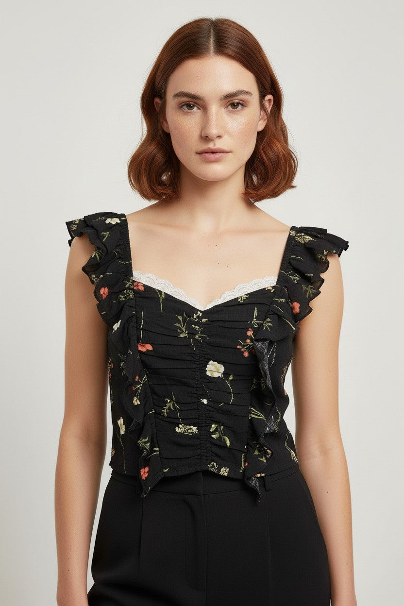 H&M Damen Top Schwarz Mehrfarbig Größe L