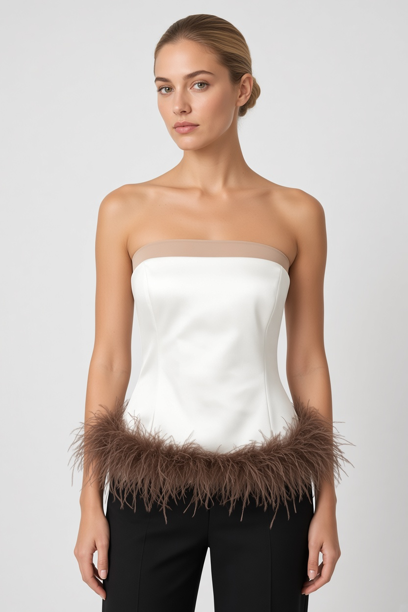 Zara Damen Tube Top Weiß Braun Größe L
