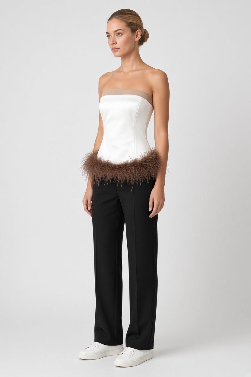 Zara Damen Tube Top Weiß Braun Größe L